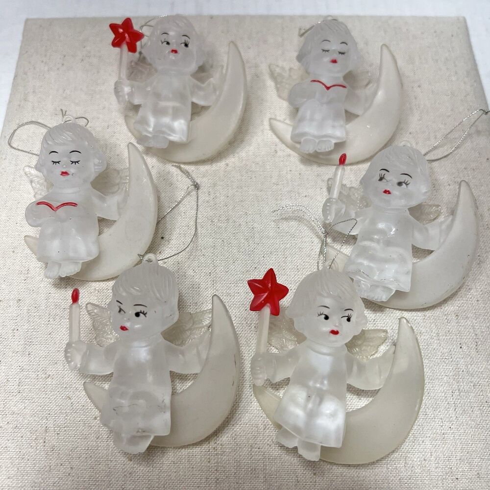 Clear Frosted Plastic Ornaments Angels on Moon Hong Kong Celestial Set of 6